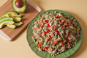Quinoa is a gluten-free grain crop that is grown for its edible seeds. It is pronounced KEEN-wah. 1 cup of cooked quinoa contains 8 grams of protein, 5 grams of fiber and very little fat! 