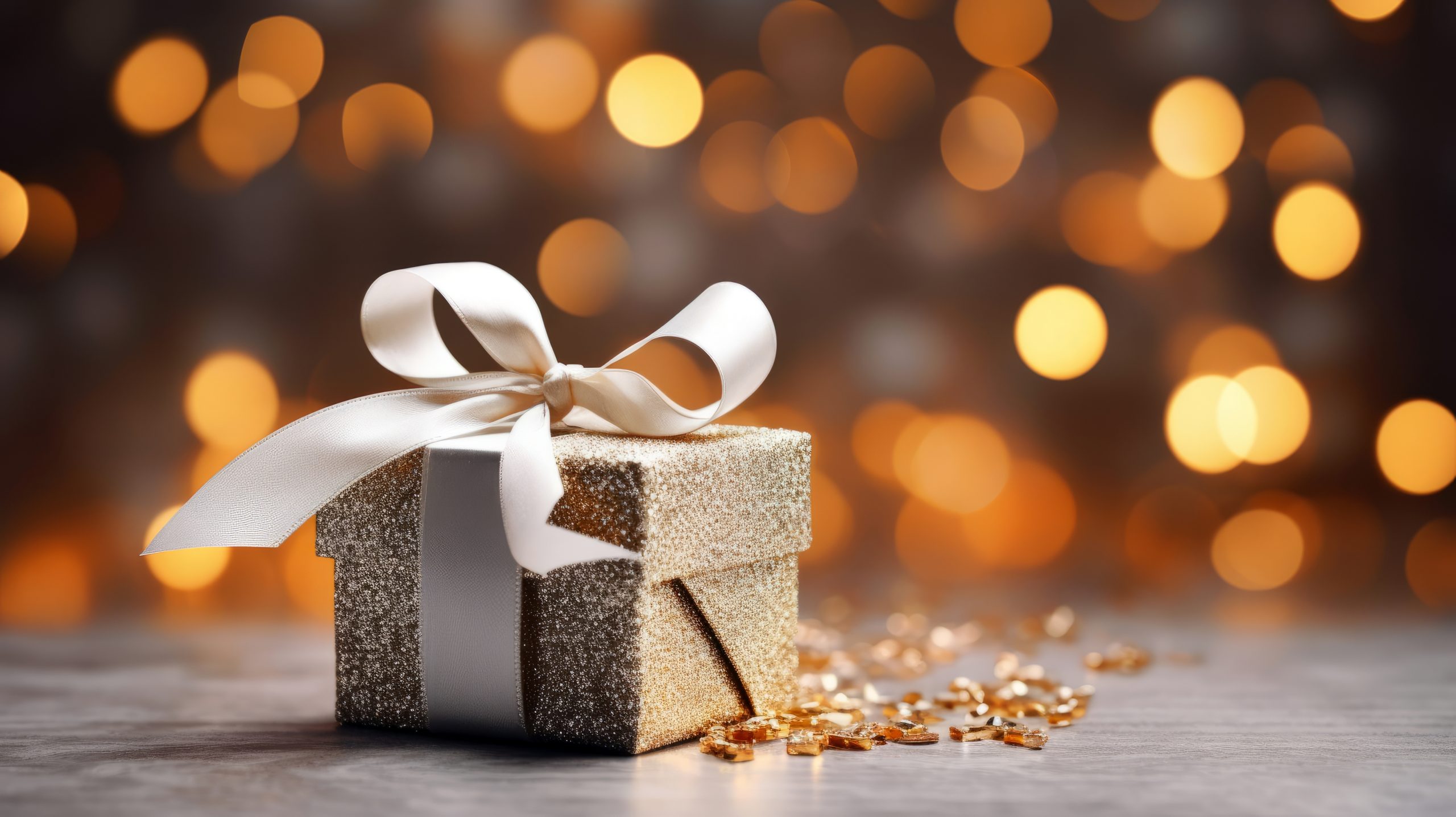 Festively wrapped present box on bokeh lights